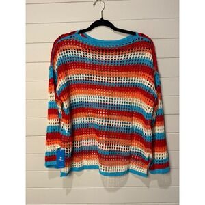 NWT Live Life On The Beach Crochet Striped Sweater Top‎ Blue Orange White